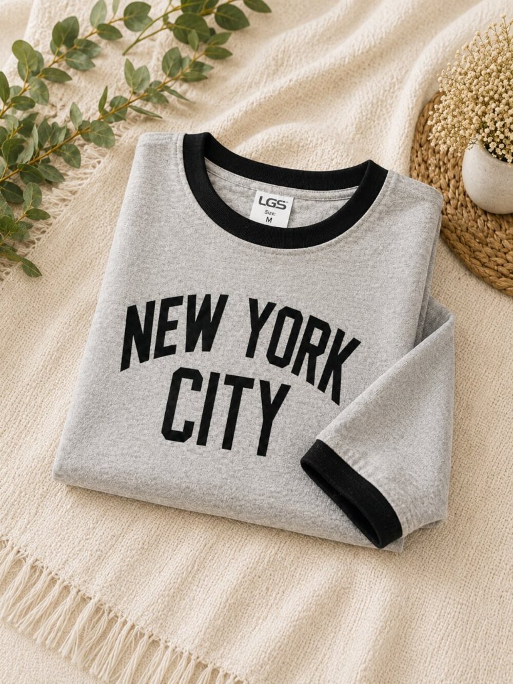 Men's New York City Ringer T-Shirt Gray Black Graphic Crew Neck Casual Tee S-XL